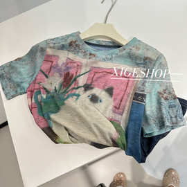 复古个性猫咪印花双层网纱短袖T恤女夏季凉感透气正肩圆领上衣潮