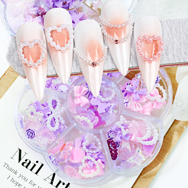 New Flower Disc Pearl Purple Resin Bow Cartoon Nail Art Jewelry Light Luxury Style Three-dimensional Nail Decoration