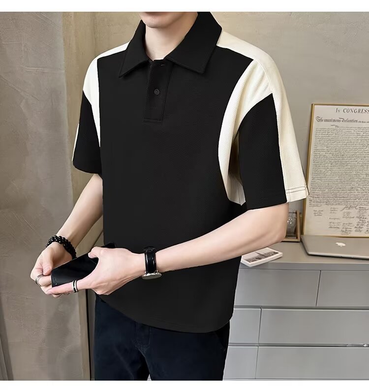 Herren Patchwork Polohemd Atmungsaktives Baumwoll Casual Shirt_voghion.com