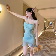 夏季显瘦百搭吊带淑女短裙连衣裙辣妹修身绿裙辣妹甜美小众网纱