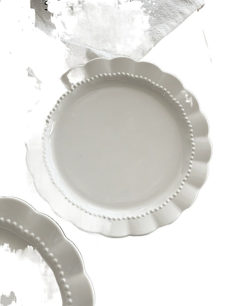 Anmu Liangpin foreign trade export super beautiful light luxurious bead dot lace pure white ceramic home dish plate