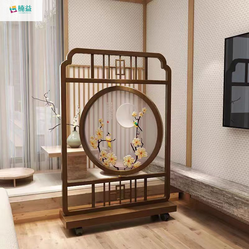 New Chinese Style Solid Wood Screen Living Room Entrance Partition Double-Sided Embroidery Bedroom Blocking Decoration Modern Nan Yi Seat Screen