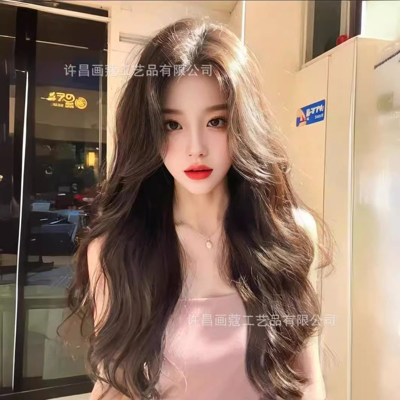 [Fenghua] Women's Wigs with Women's Shake Tone with Medium Atmosphere Long Hair Fashion Big Wave Simulation Hair Cover