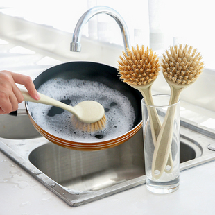 Wheat Straw Pot Washing Brush Kitchen Pot Brushing Artifact Does Not Stick to Oil, Easy to Clean and Does Not Shed Hair Plastic Long-Handled Pot Brush