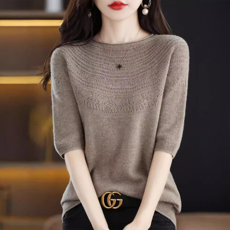 Wool Women's Short-Sleeve Knit Top with Hollow-Out Design, Rolled Edge, Round Neck, and Mid-Sleeve Length Wool Women's Short-Sleeve Knit Top with Hollow-Out Design, Rolled Edge, Round Neck, and Mid-Sleeve Length