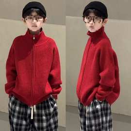 【1001】男童立领针织外套秋冬毛衣2025红色儿童洋气针织拉链衫外
