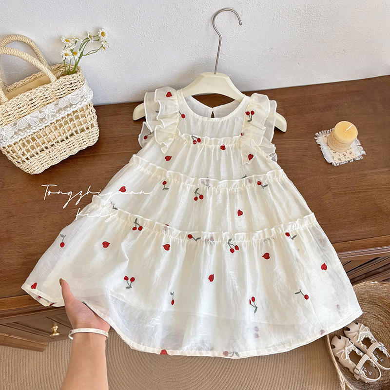 Girls Summer New Cherry Embroidered Dress Baby Girl Casual Style Fashionable High Quality Children's Clothing Ouo Style