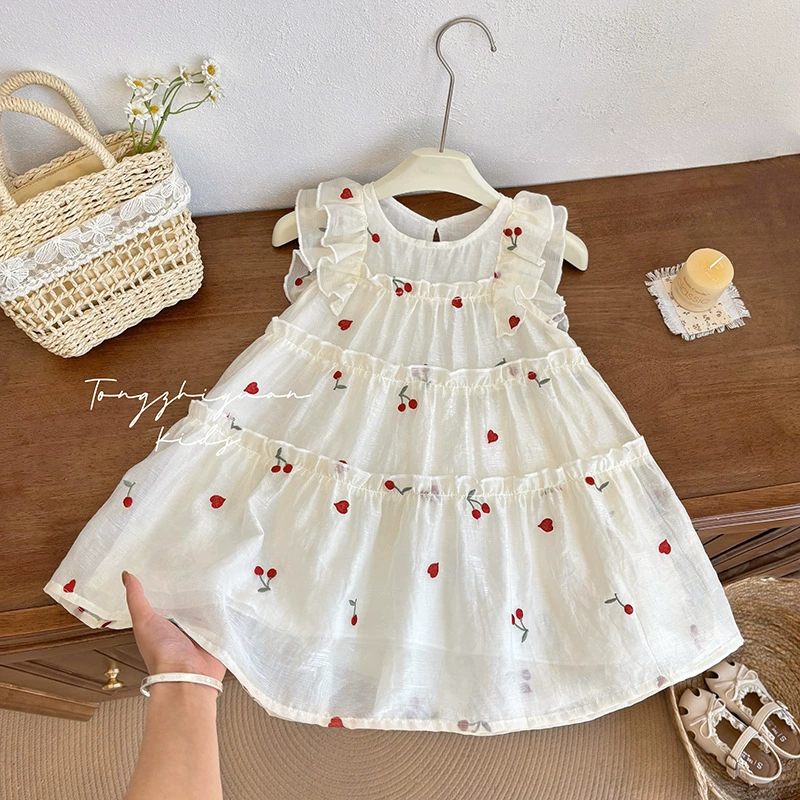 Новое летнее платье для девочек с вышивкой вишни, повседневный стиль для маленьких девочек, модная и качественная детская одежда, Ourofeng