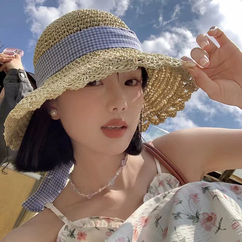 Straw summer beach hat with bow solar-powered, sun protection, beach style