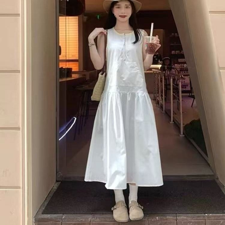 文艺圆领撞色边系带背心连衣裙藏青白色拉链长裙肩带款文艺复古|undefined