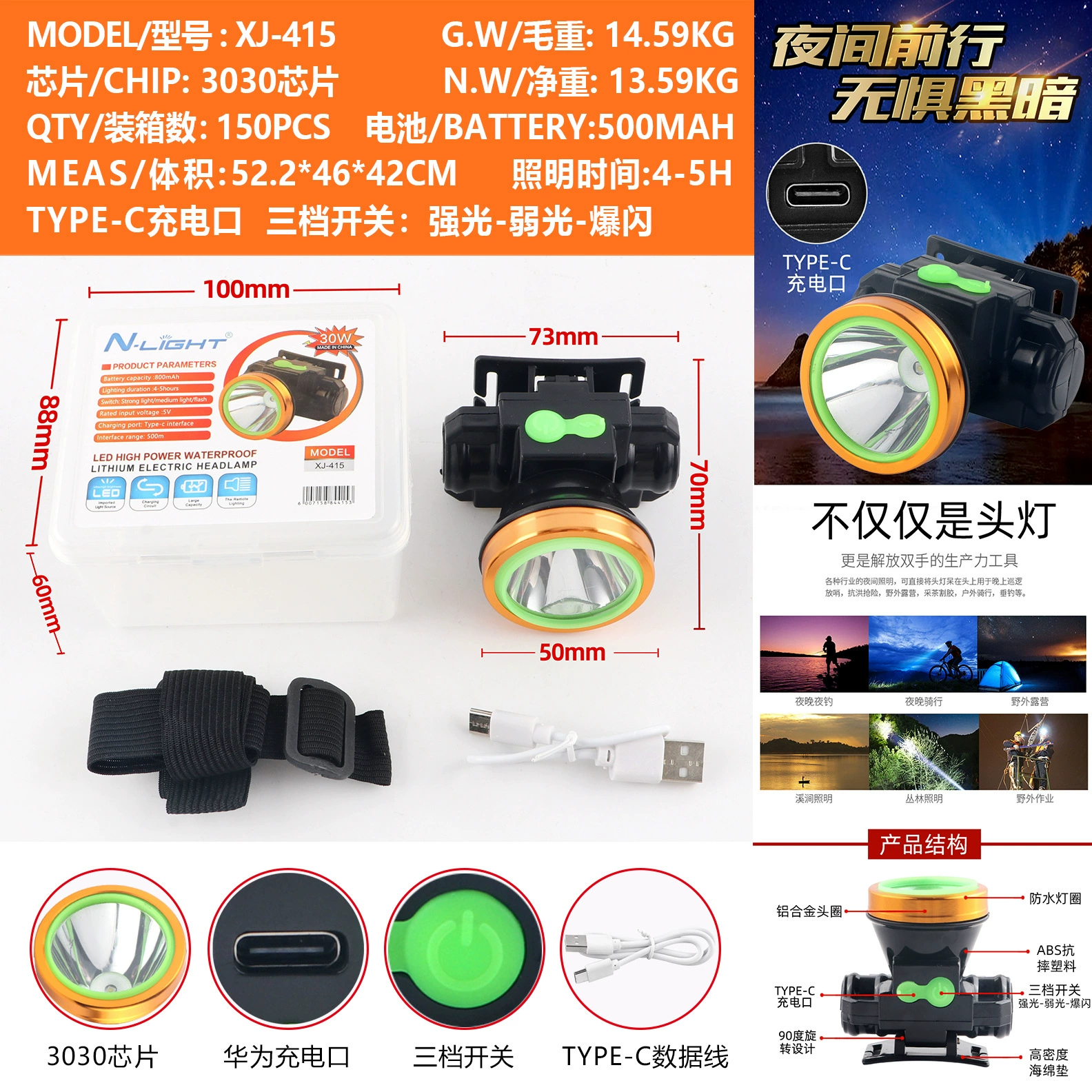 Налобный фонарь с мощным светом, перезаряжаемый, яркий, с долговечным литиевым аккумулятором, портативный налобный фонарь для ночной рыбалки и горных работ.