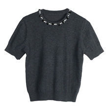 法式圆领针织衫女短款纯色钉珠VA华伦家24早秋新款短袖针织打底衫