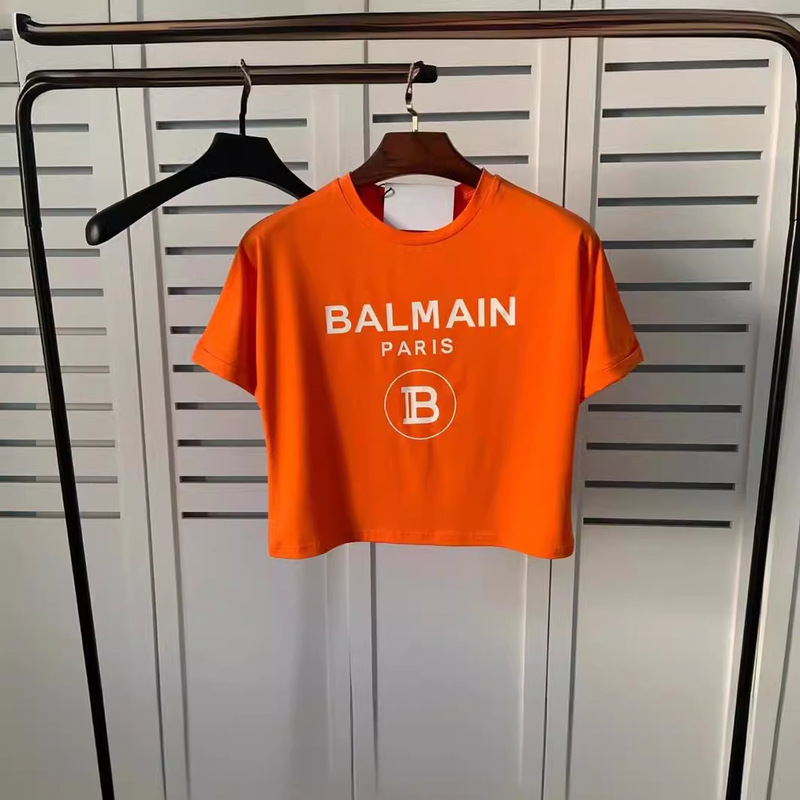 24 Spring and Summer New Balmain Cotton Loose Balmain Letter Navel-Baring Short Pullover Ins Couple T-Shirt