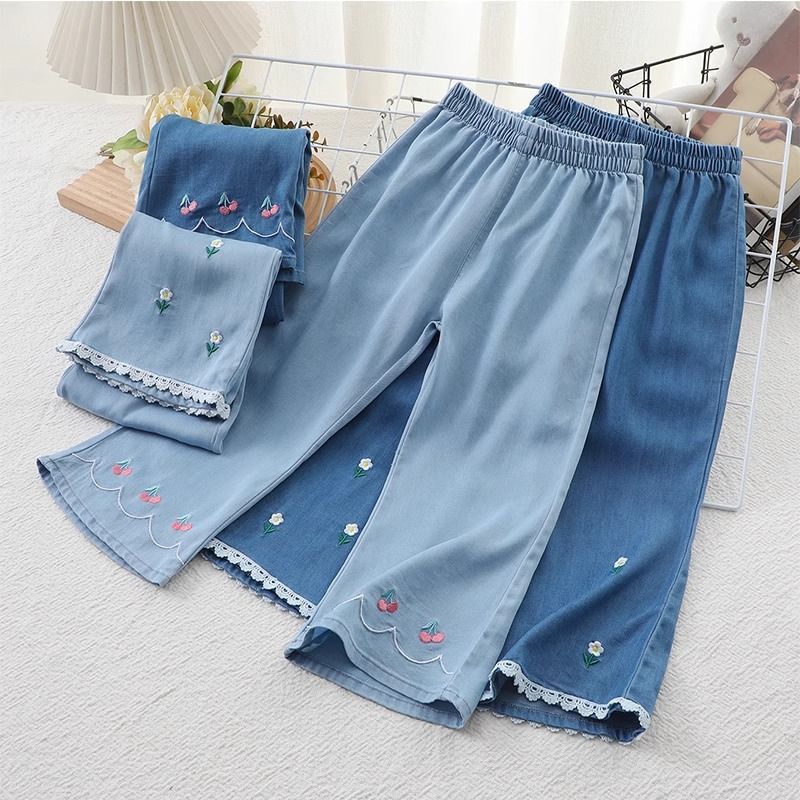 Girls' Anti-mosquito Pants Summer Thin Ice Silk Jeans Small and Medium-sized Girls Casual Imitation Denim Horn Outer Wear Pants