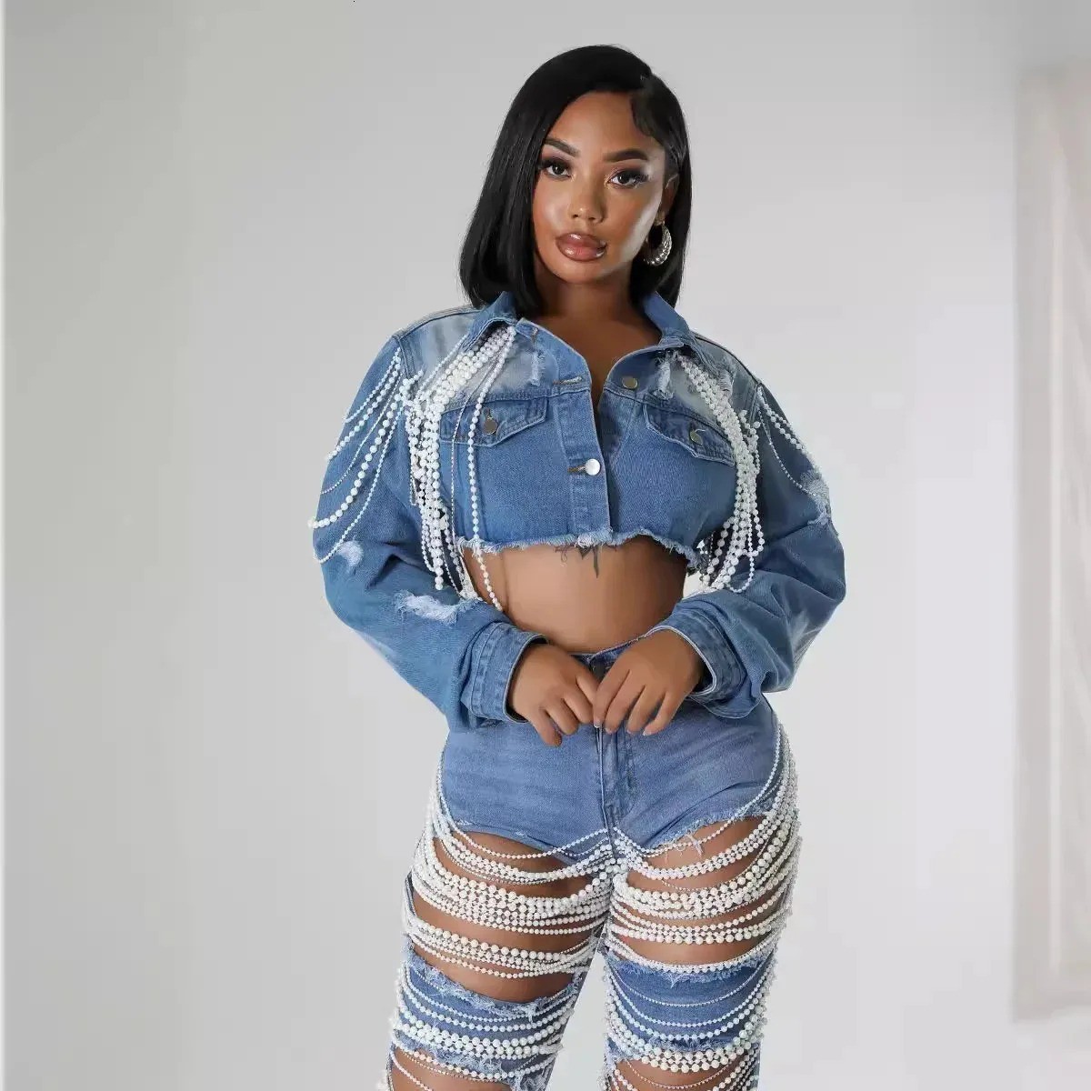 Women's Denim Jacket With Pearl Embellishments Vintage Style_voghion.com