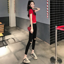 黑色破洞牛仔裤女九分高腰小脚显瘦夏秋季薄款紧身胖mm八分小个子