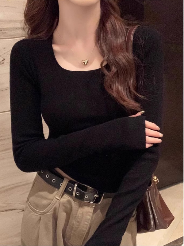 2025秋季新款长袖针织衫女修身内搭方领打底衫秋冬高级感低领上衣|undefined