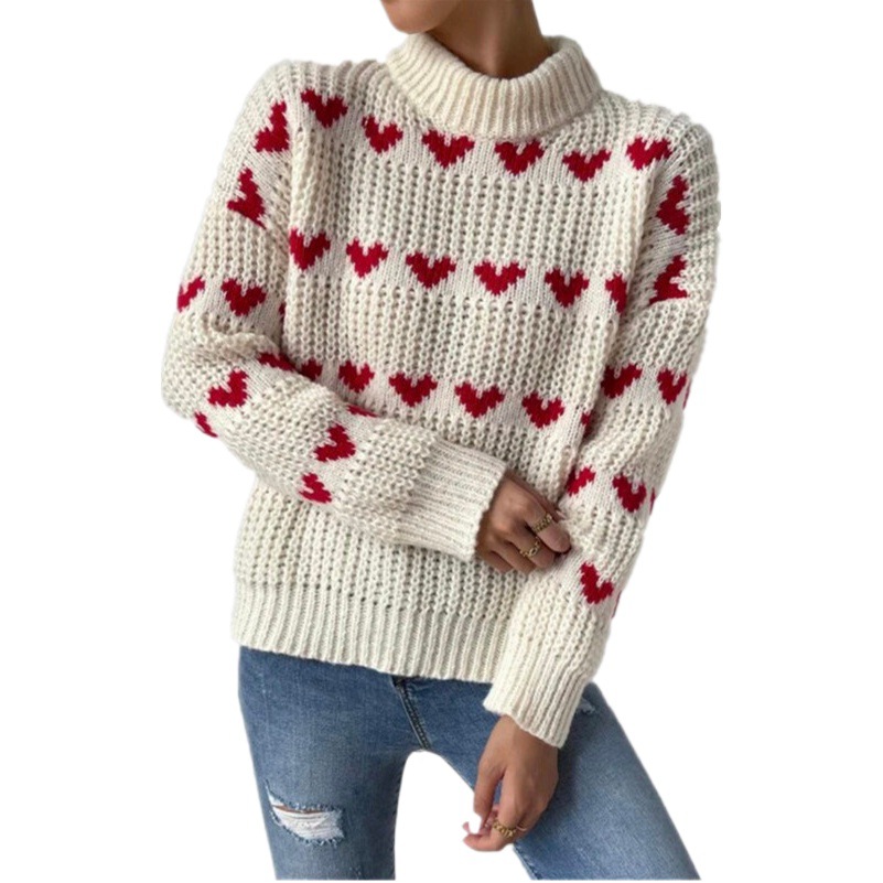Suéter de Punto Holgado con Estampado de Corazón Jacquard, Nuevo Modelo 2025, Comercio Transfronterizo, Amazon, Primavera y Otoño, para Mujer