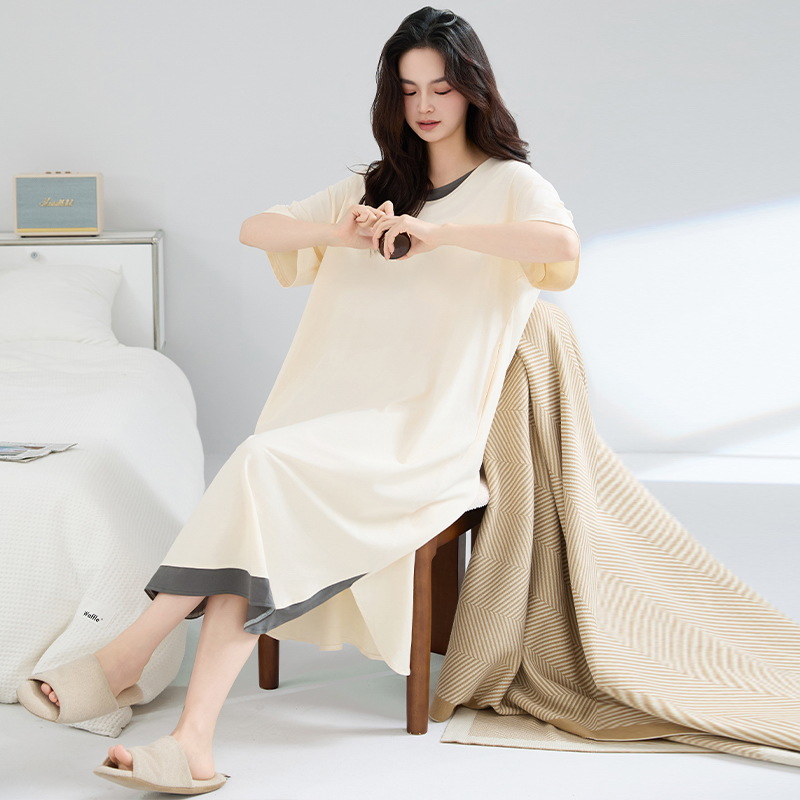 Camisón mujer verano algodón de manga corta tirante largo pijama de algodón fresco falda suelta ropa de hogar de gran tamaño se puede usar afuera