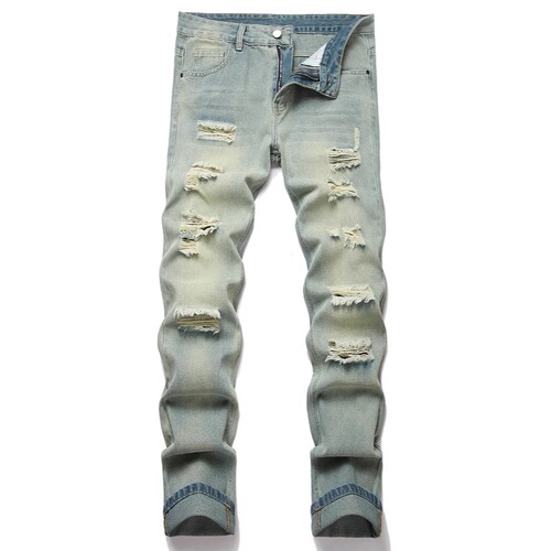 Men's Ripped Straight Leg Slim Fit Non-Stretch Jeans, Multiple Tears, North American Long Pants, Light