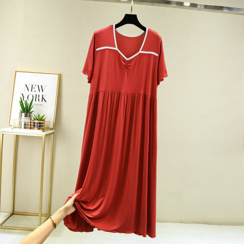 Summer Modal Short-Sleeve Dress Plus Size A-Line V-Neck Medium-Length Pleated Skirt Loose and Slimming Thin Dress