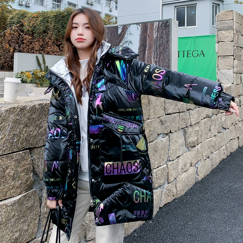 Long winter glossy fashionable down jacket with hood with down, mid-length, 2023, European style
