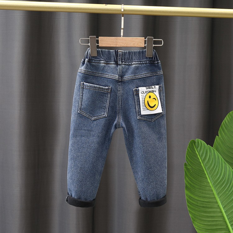 Autumn/Winter 2021 New Children's Korean Version Of Children's Children's Wear Boys And Girls Tide Pants Plus Velvet Smiley Face Labeled Jeans Tide