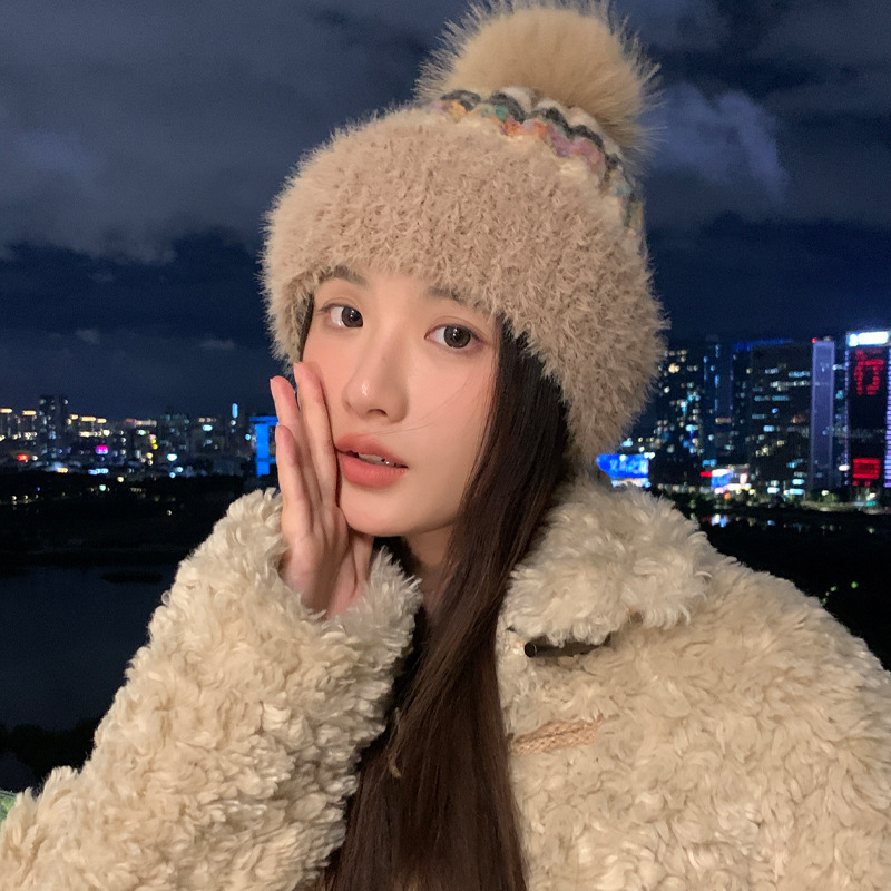 韩版冬季新品帽子女款加绒保暖针织帽可爱毛球护耳一体毛线帽批发|undefined