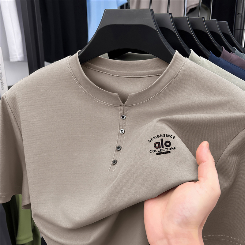 Printed Summer New Style Short-Sleeved Men's V-Neck T-Shirt with Mulberry Silk for Young and Middle-Aged Men, Half-Sleeved Ice Silk Solid Color T-Shirt Polo Shirt Printed Summer New Style Short-Sleeved Men's V-Neck T-Shirt with Mulberry Silk for Young and Middle-Aged Men, Half-Sleeved Ice Silk Solid Color T-Shirt Polo Shirt