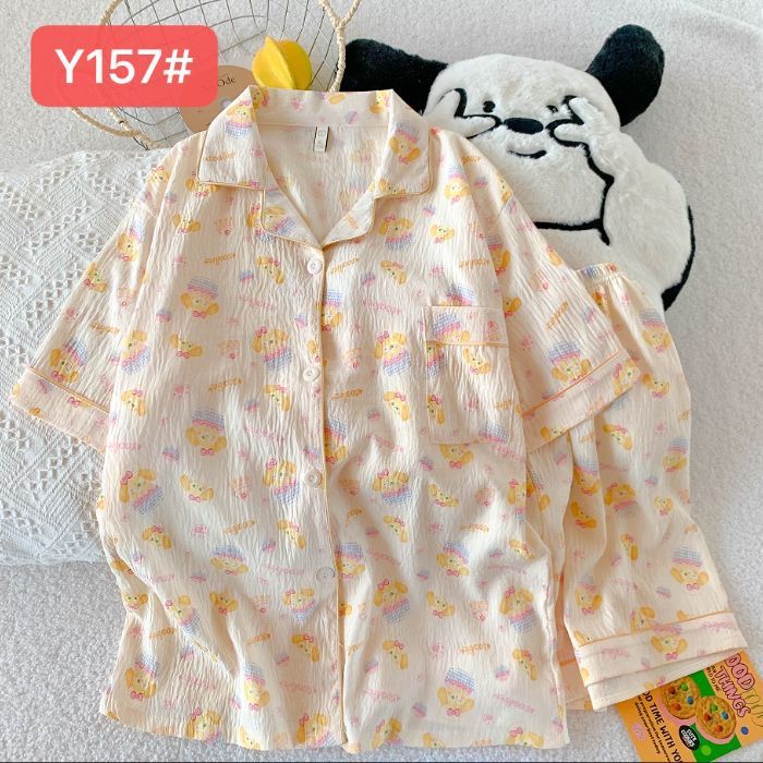 Pijamas de algodón de nube al por mayor transfronterizo para mujer nueva rebeca de verano solapa pantalones cortos de manga corta traje de servicio a domicilio dulce y lindo