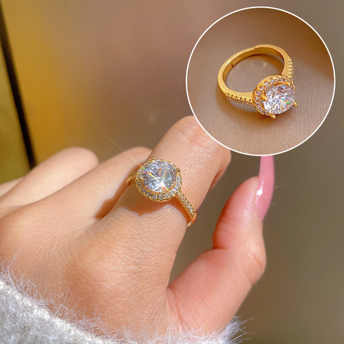 [Real gold plating] Temperament and high-end zircon super flash ring for women with adjustable opening and simple internet celebrity ins
