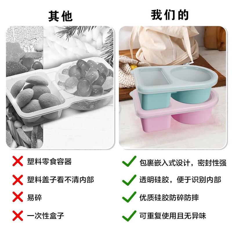 新しいシリコンダブルコンパートメント調味料ボックスソースボックスポータブル再パッケージ蓋付き無臭食品グレードのシリコンスナック容器|undefined