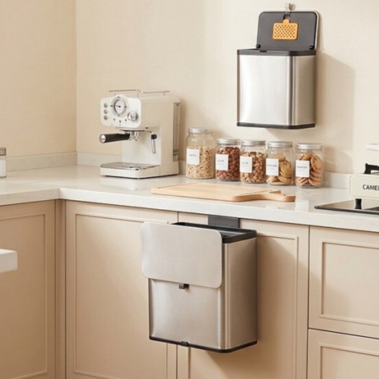 Stainless steel wall-mounted trash can, large-capacity kitchen trash bin with sliding lid, no bending required, odor-proof kitchen waste storage bin Stainless steel wall-mounted trash can, large-capacity kitchen trash bin with sliding lid, no bending required, odor-proof kitchen waste storage bin
