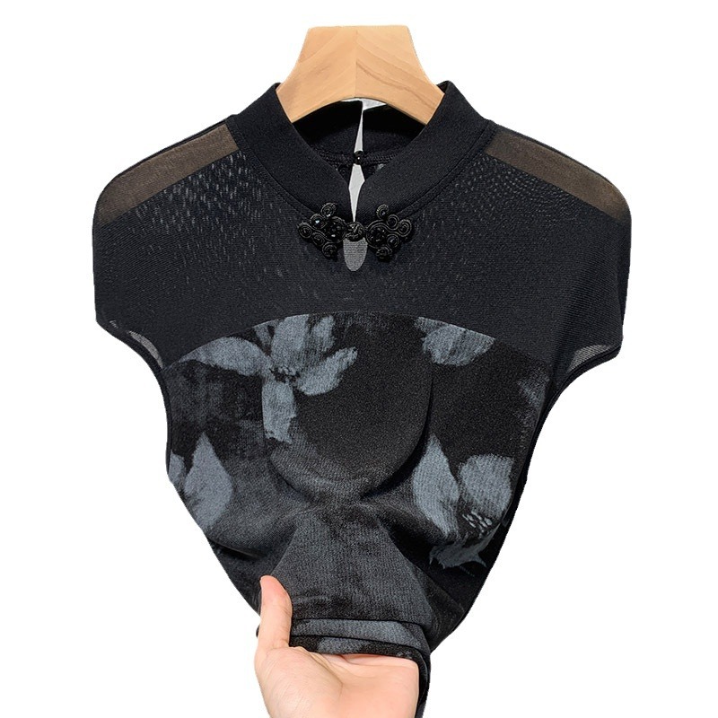 Negro estilo nacional de cuello de malla camiseta de mangas cortas mujeres 2024 nuevo verano nuevo estilo chino blindaje blindaje delgado camiseta de base