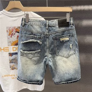 2025 Summer New Ripped Distressed Denim Shorts Men's Loose Retro Trendy Versatile Casual Mid-Length Pants