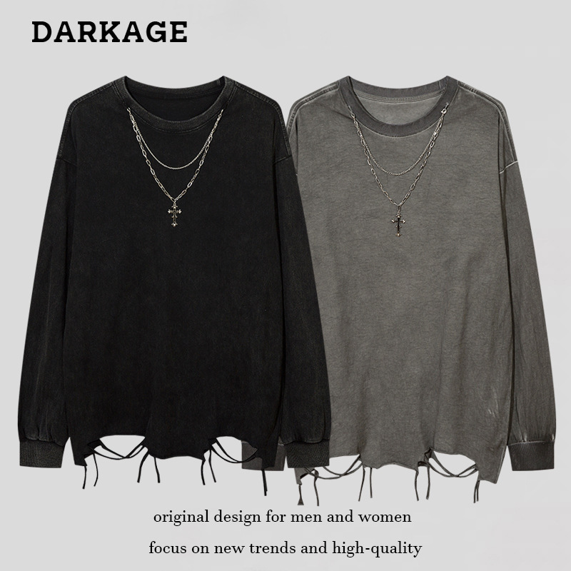 National Trendy Brand Solid Color Wash Water Dressed Rough Long-sleeved T-shirt Men's Street Loose All-match Inner Base Shirt Top Trendy