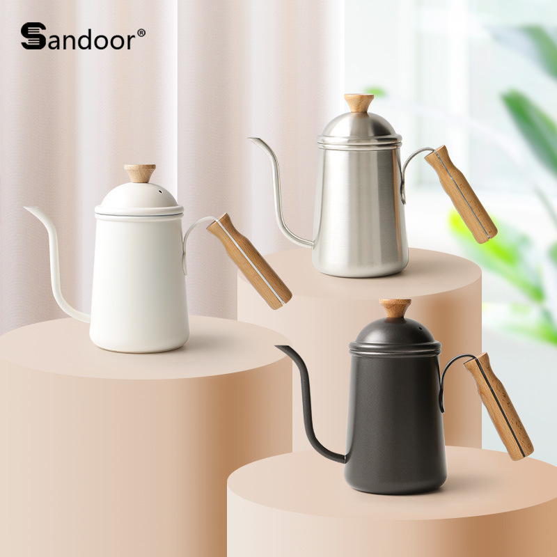 Japanese Coffee Hand Brewing Pot 304 Stainless Steel Wooden Handle Long Mouth Pot 600ml Narrow Mouth Pot Professional Hand Brewing Coffee Appliance