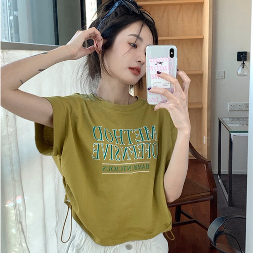 Women's Summer Short Sleeve T-Shirt with Ins Cute Girl Print, Drawstring, Loose Fit, Crop Top, Sexy, Short Length, Wholesale