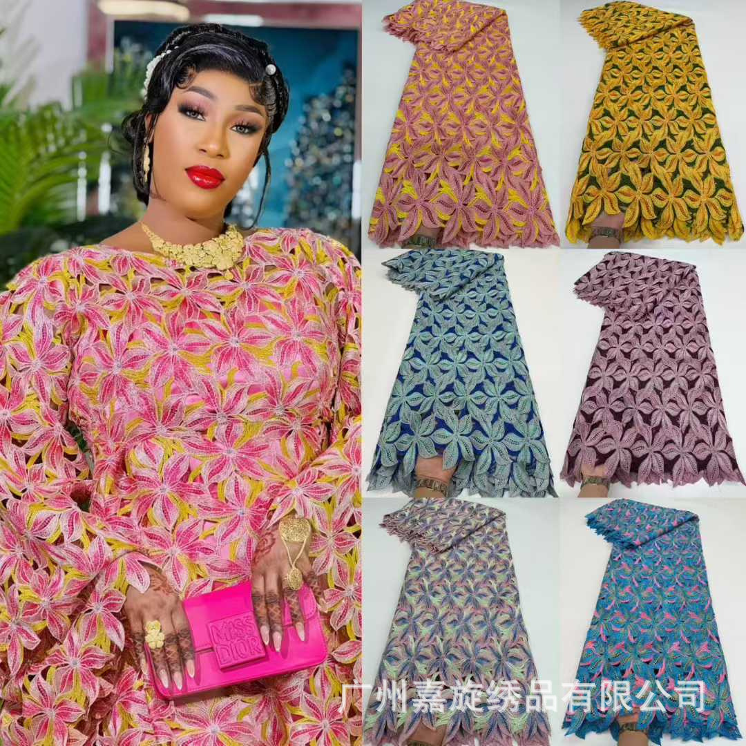5 yardas bicolor gancho flower soluble en agua poliéster brillante bordado tela hueco vestido escenario cheongsam bordado tela encaje