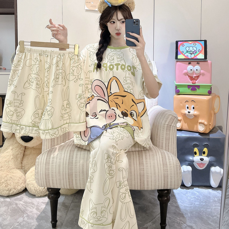 Zootopia Cute Pure Cotton Pajamas Set Short-Sleeved Long Pants Shorts Women's and Girls' Three-Piece Home Wear Set