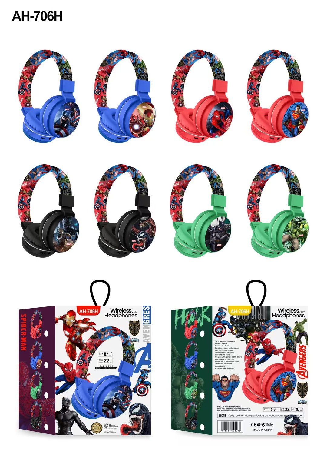 AH - 706H Spiderman auriculares de dibujos animados estudiantes lindos dibujos animados inalámbricos inteligentes descomprimidos auriculares Bluetooth image 6
