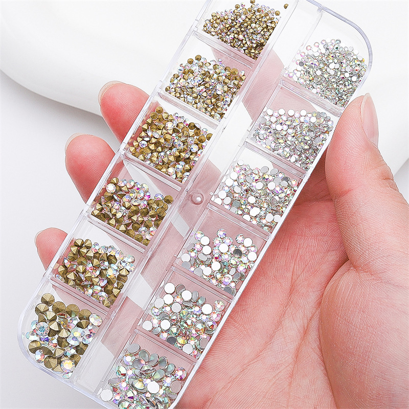 Caja larga de 12 cuadros para uñas y joyas de diamantes de imitación fondo plano plano transparente diamante AB manicura mezcla de diamantes decoración de diamantes de uñas
