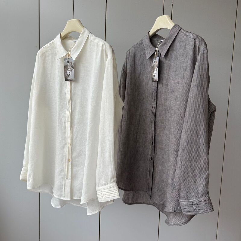 French Jin Imported 100% Linen, Handcrafted Cross-Weave! Lightweight, Loose, Breathable Long-Sleeve Shirt for Women with a Multi-Button Turn-Down Collar