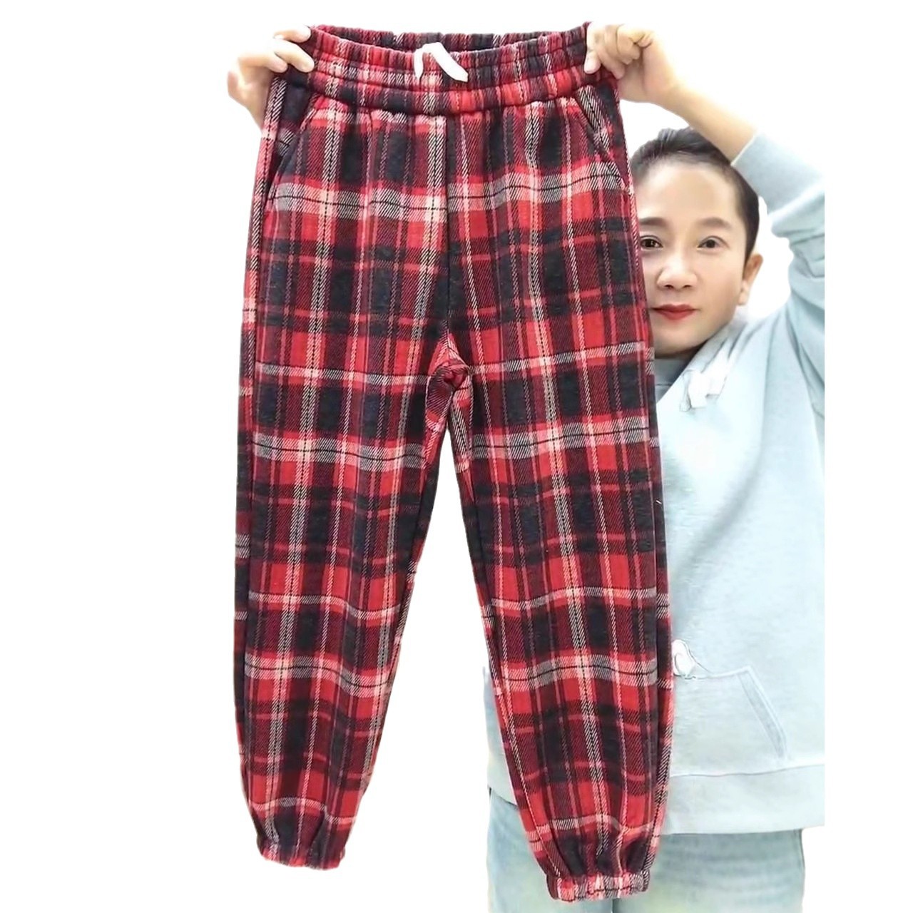 국경 간 도매 기모 두꺼운 다리 격자 무늬 바지 여성용 겨울 새 모직 다리 바지 슬리밍 캐주얼 할린 바지