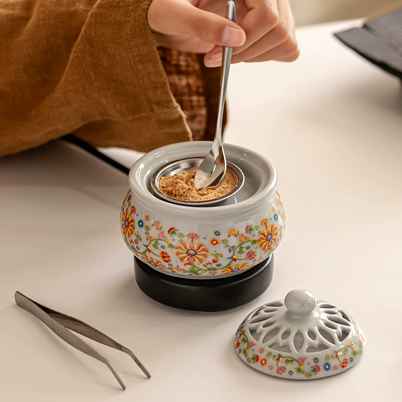 Керамическая цветочная лазоревая эмалевая вставная электрическая курильница для регулирования температуры ароматерапии Домашний ароматерапия из агарового сандалового дерева