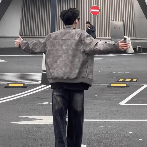 Cleanfit gray short leather jacket, American cool, high-end men's clothing, retro stand-up biker leather jacket