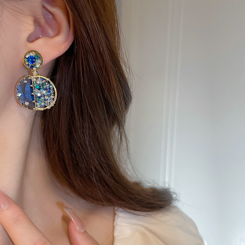 Retro Round Copper Earrings Inlay Rhinestone Zircon Copper Earrings