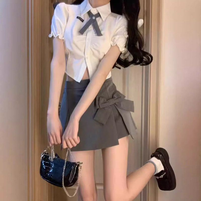 Pure Desire Style Short Puff Sleeve Shirt Set Women's Summer High Waist Bow Wrap Hip Skirt Hot Girl Short Sleeve Top Pure Desire Style Short Puff Sleeve Shirt Set Women's Summer High Waist Bow Wrap Hip Skirt Hot Girl Short Sleeve Top