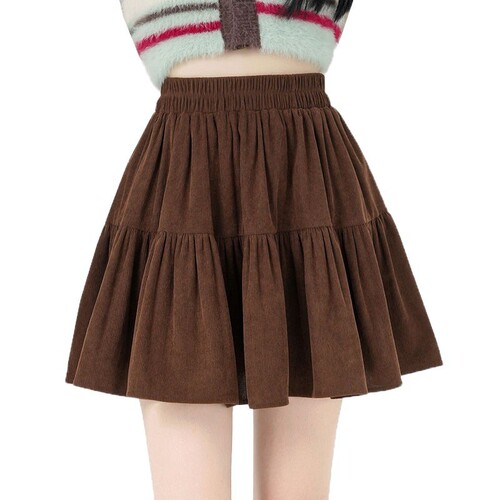 Puffy coffee color European cotton wool autumn and winter skirt elastic waist New elastic high waist slimming short skirt