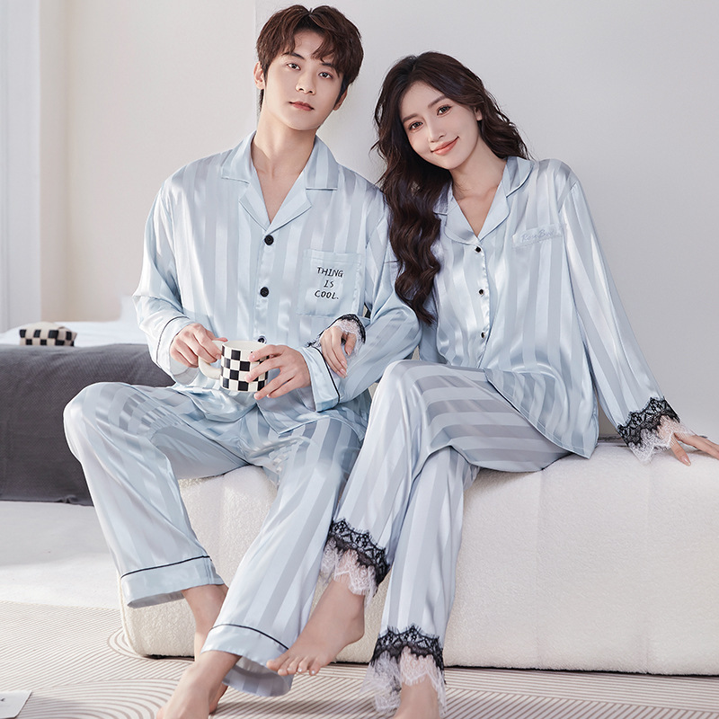 2026 New Autumn Couple's Pajamas, Ice Silk Long-Sleeve Silk Satin High-End Feel, Suitable for Outerwear, Spring and Autumn Loungewear Set